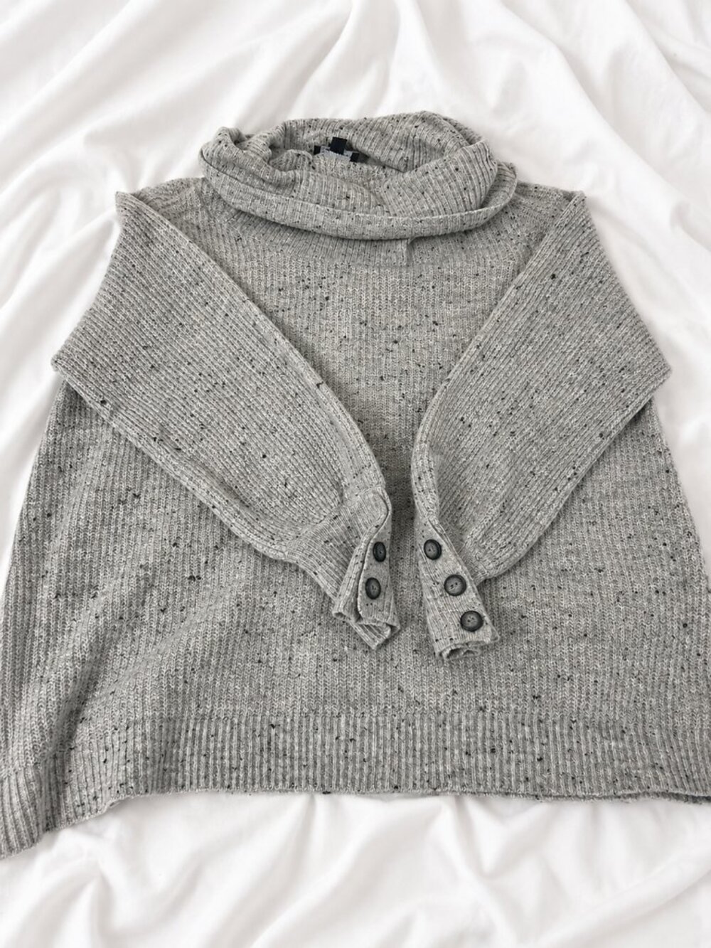 Cozy 1X Gray Speckled Cowl Neck Button Cuff Sweater